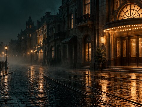 雨夜影院门前的暖色灯光